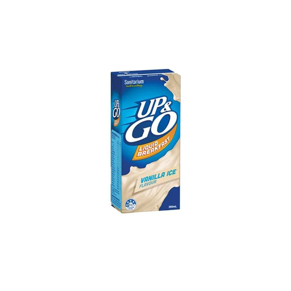 A carton of Up & Go liquid breakfast vanilla ice flavored drink.