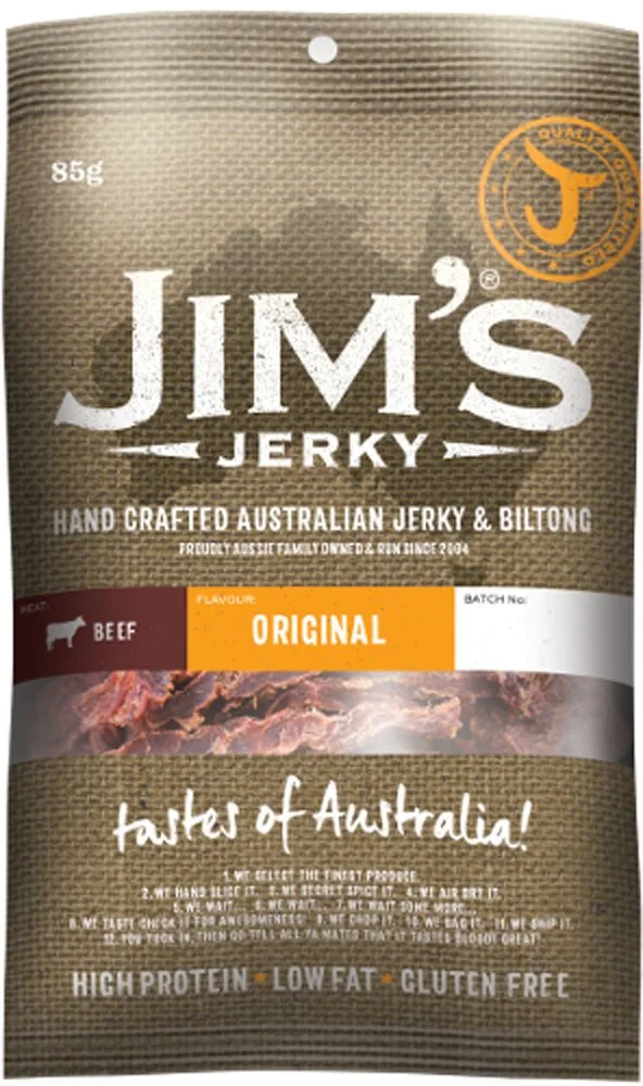 Packaging of Jim's Jerky, hand-crafted Australian beef jerky, original flavor in a resealable bag.