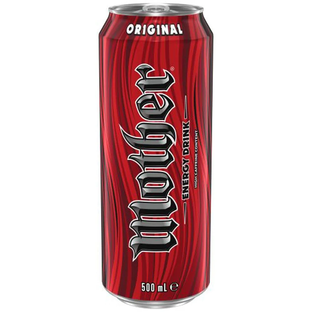 A tall red can of Liquid Energy Drink with black and white text, 500 milliliters, labeled 'Original' and 'High Caffeine Content'.