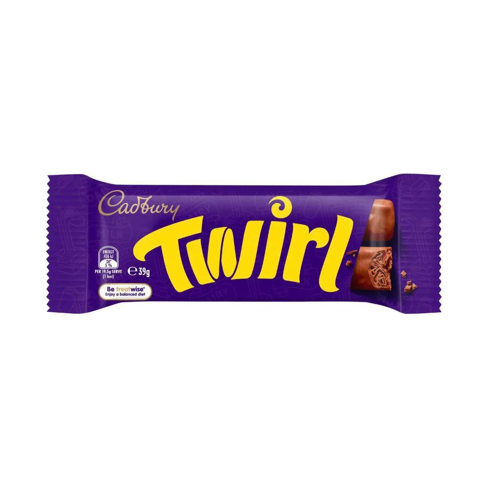 Cadbury Twirl chocolate bar in purple packaging with gold and brown lettering, featuring a bitten chocolate piece on end.