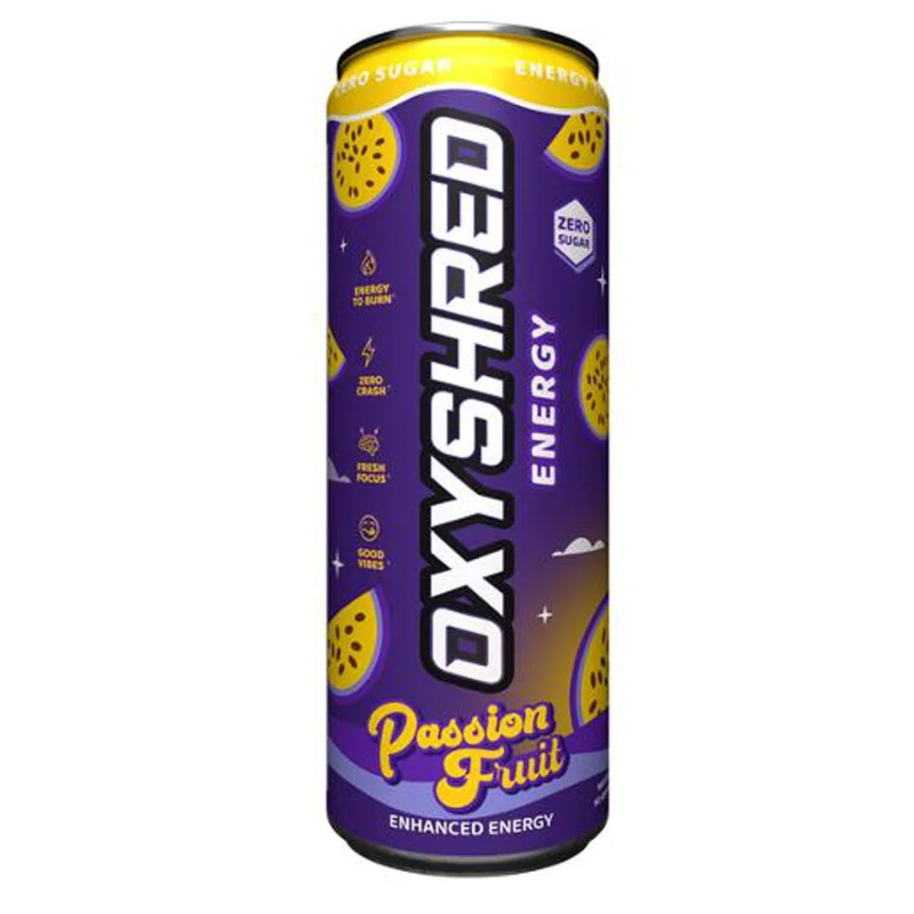 A purple energy drink can labeled 'OXYSHRED ENERGY' with passion fruit flavor, zero sugar, and enhanced energy.