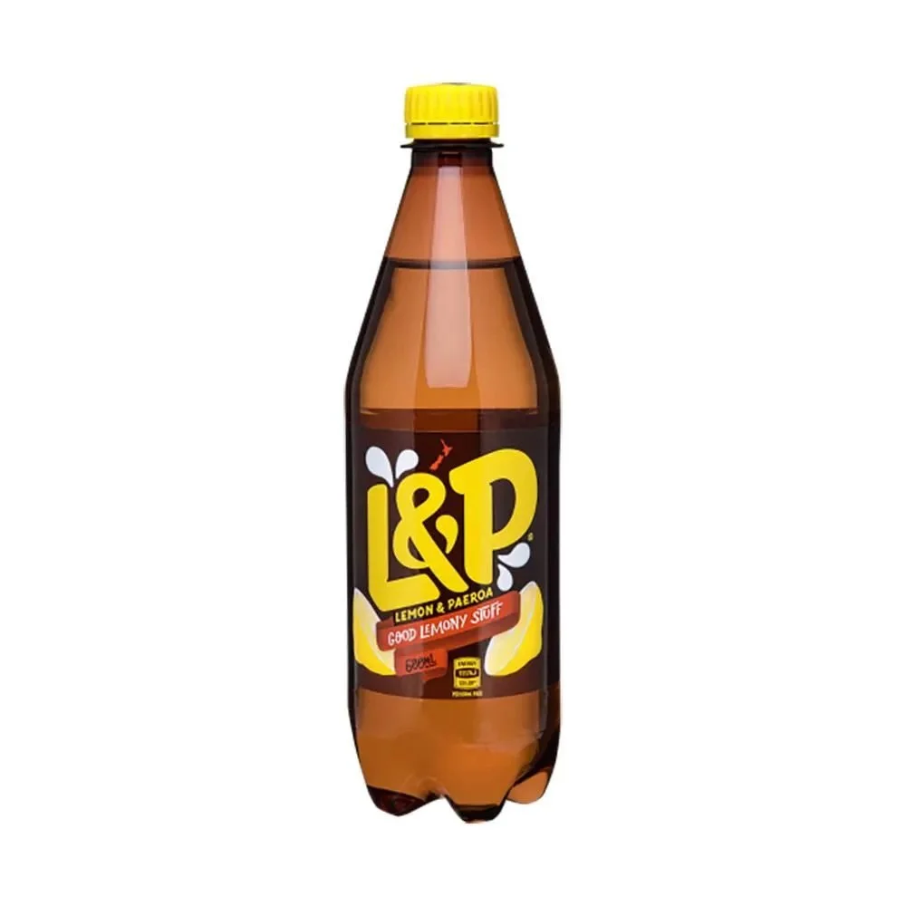 A plastic bottle of L&P Lemon & Paeroa soft drink with a yellow cap and a label indicating it is a lemon flavor and good lemony stuff.