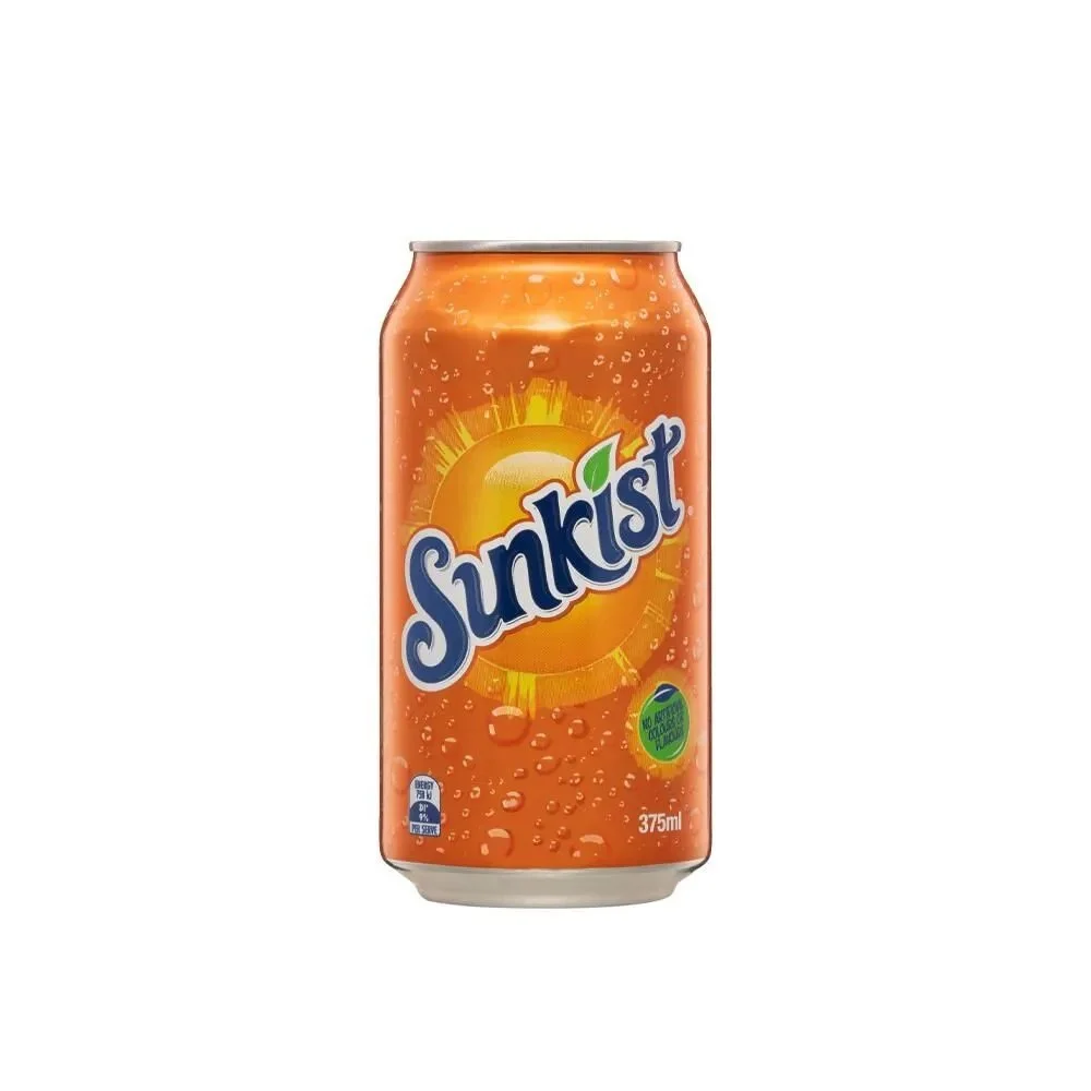 An orange can of Sunkist soda with a lemon slice and bubbles, featuring the Sunkist logo and a sun graphic.
