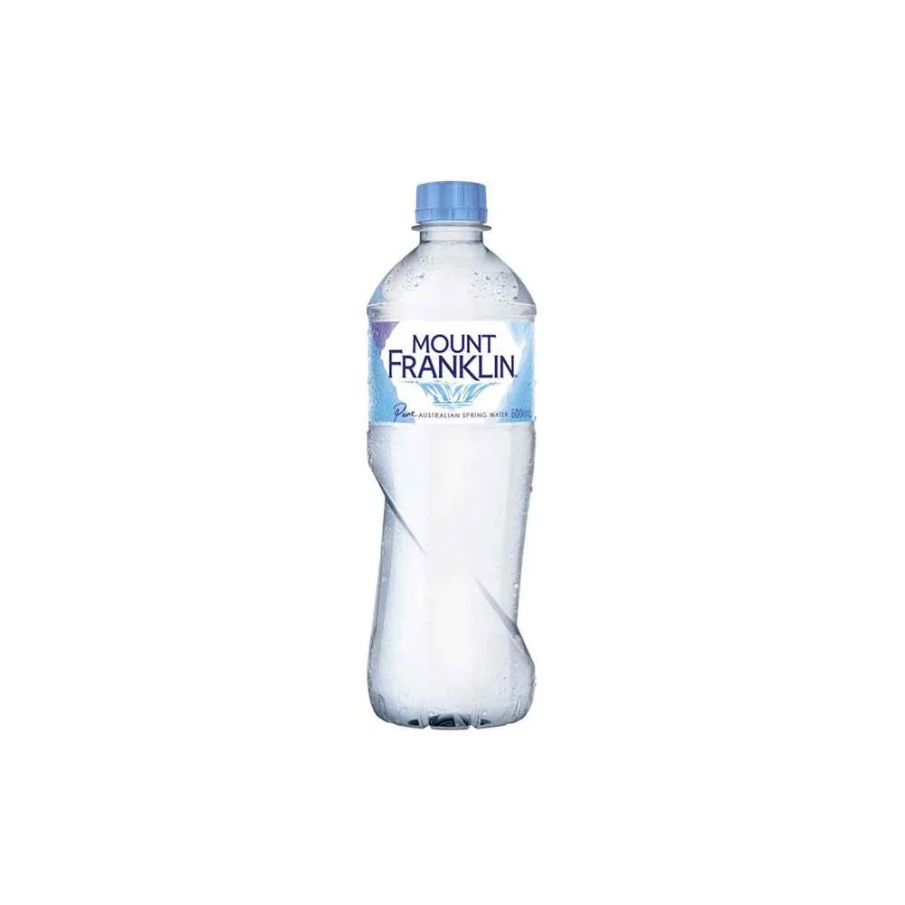 A clear plastic water bottle with a blue cap labeled 'Mount Franklin' containing Australian spring water.