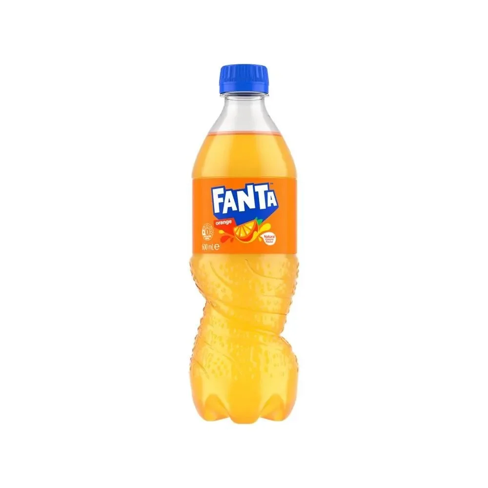 A 600 ml bottle of Fanta orange soda with a blue cap and an orange label featuring the Fanta logo and a slice of orange.