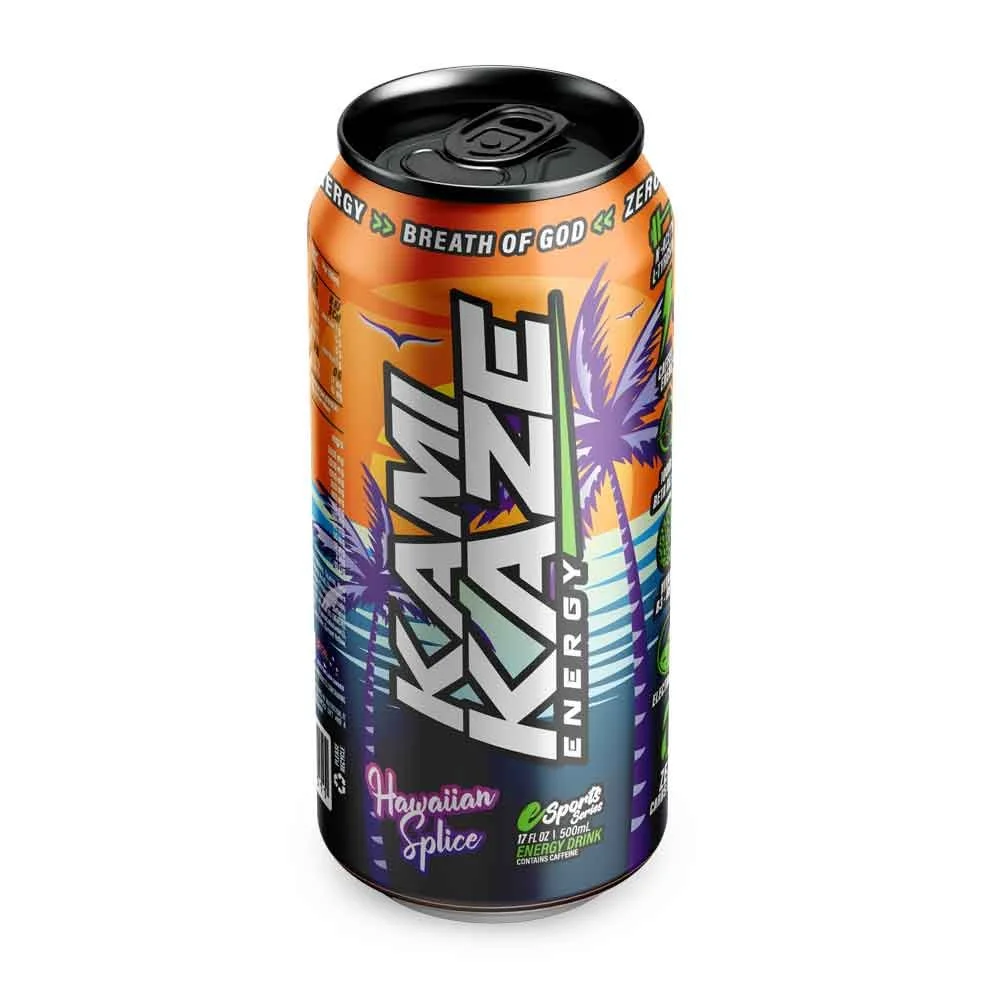 A can of Rockstar energy drink with tropical themed design, including palm trees, a sunset, and an island scene, labeled 'Hawaiian Spice'.