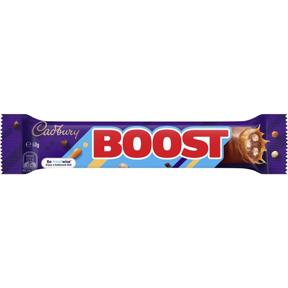 Cadbury Boost chocolate bar in purple packaging with a partially unwrapped section revealing caramel and chocolate filling.