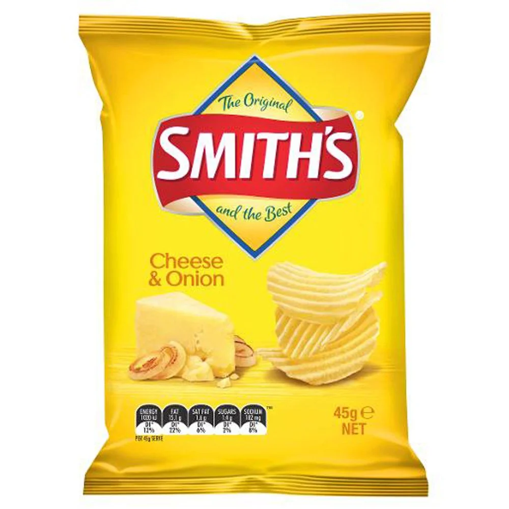 A yellow bag of Smith's cheese and onion flavored potato chips with images of cheese and potato chips on the front.