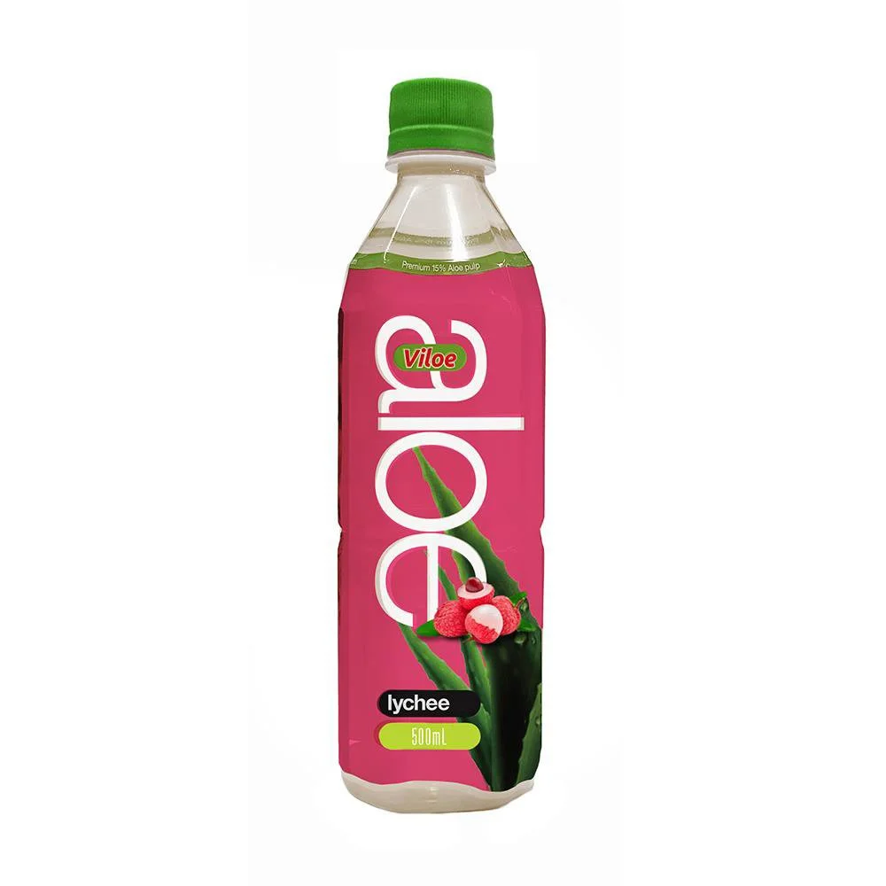 A 500ml bottle of Viloe lychee flavored juice with a green cap, pink label, and lychee fruit illustration.
