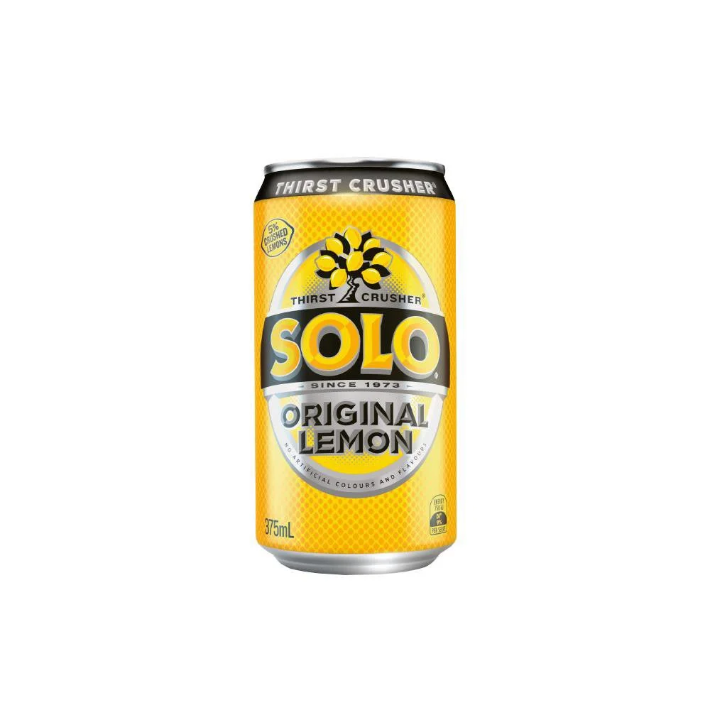 A can of Solo Original Lemon citrus beverage with a yellow design and black, gray, and white text, displaying 375 mL volume.