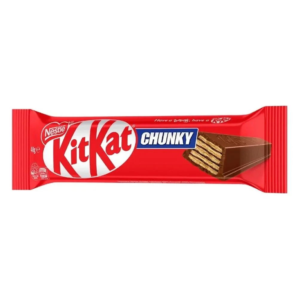 A red wrapper of Nestlé KitKat Chunky chocolate bar with an image of the chocolate bar showing its wafer layers covered in chocolate.