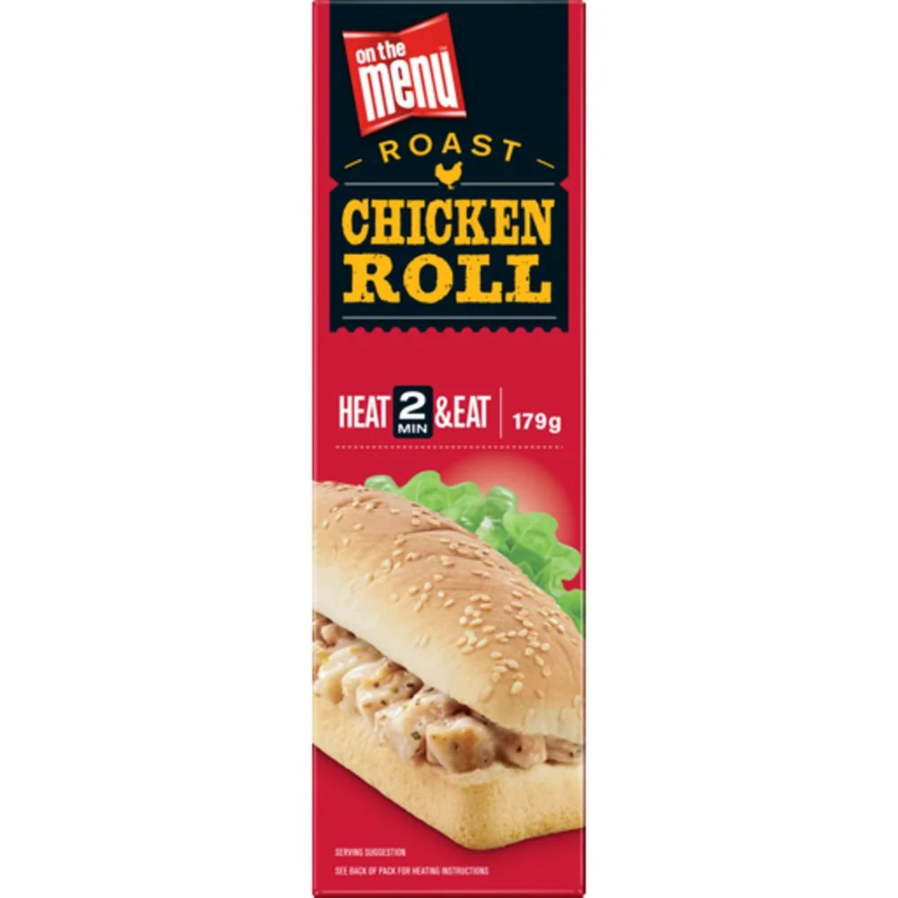 Package of On the Menu Roast Chicken Roll, shows an image of a chicken sandwich with lettuce, with instructions to heat for 2 minutes and eat, weighs 179 grams.