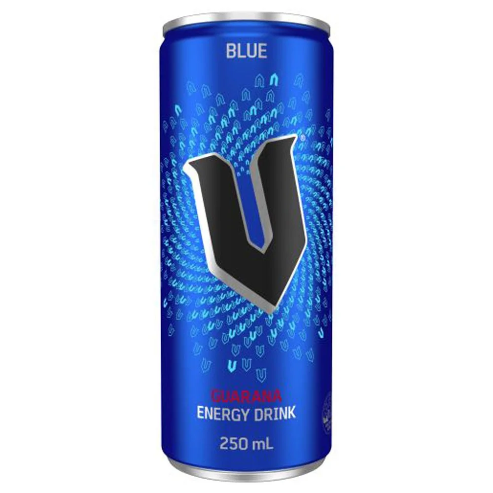 A blue can of energy drink with a large black and white logo on the front, labeled as 'GUARANA ENERGY DRINK' with a volume of 250 mL.