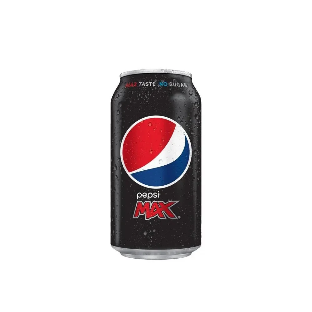 A can of Pepsi Max soda with black background and condensation drops.