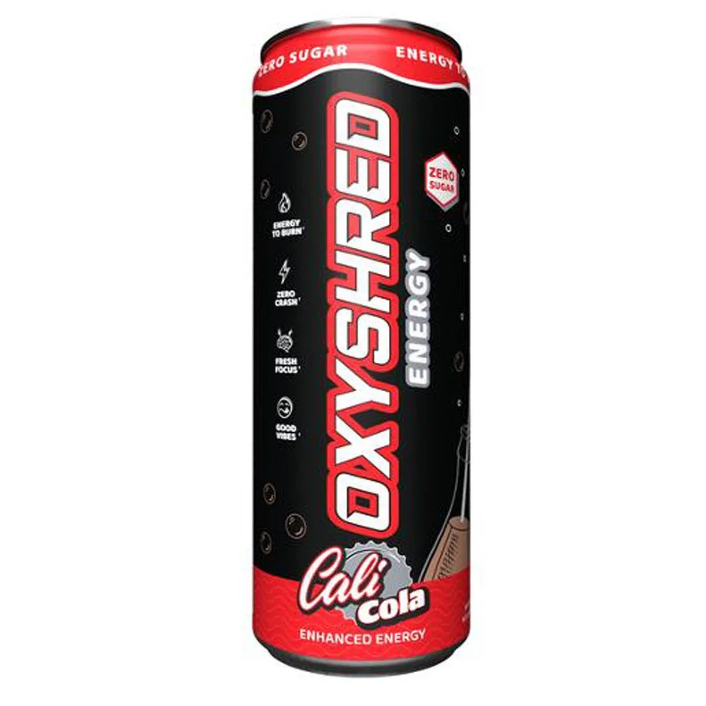 A can of DoxyShock Energy drink with a black and red label, indicating zero sugar and enhanced energy, with a Cal Cola flavor and a picture of a soda bottle on it.