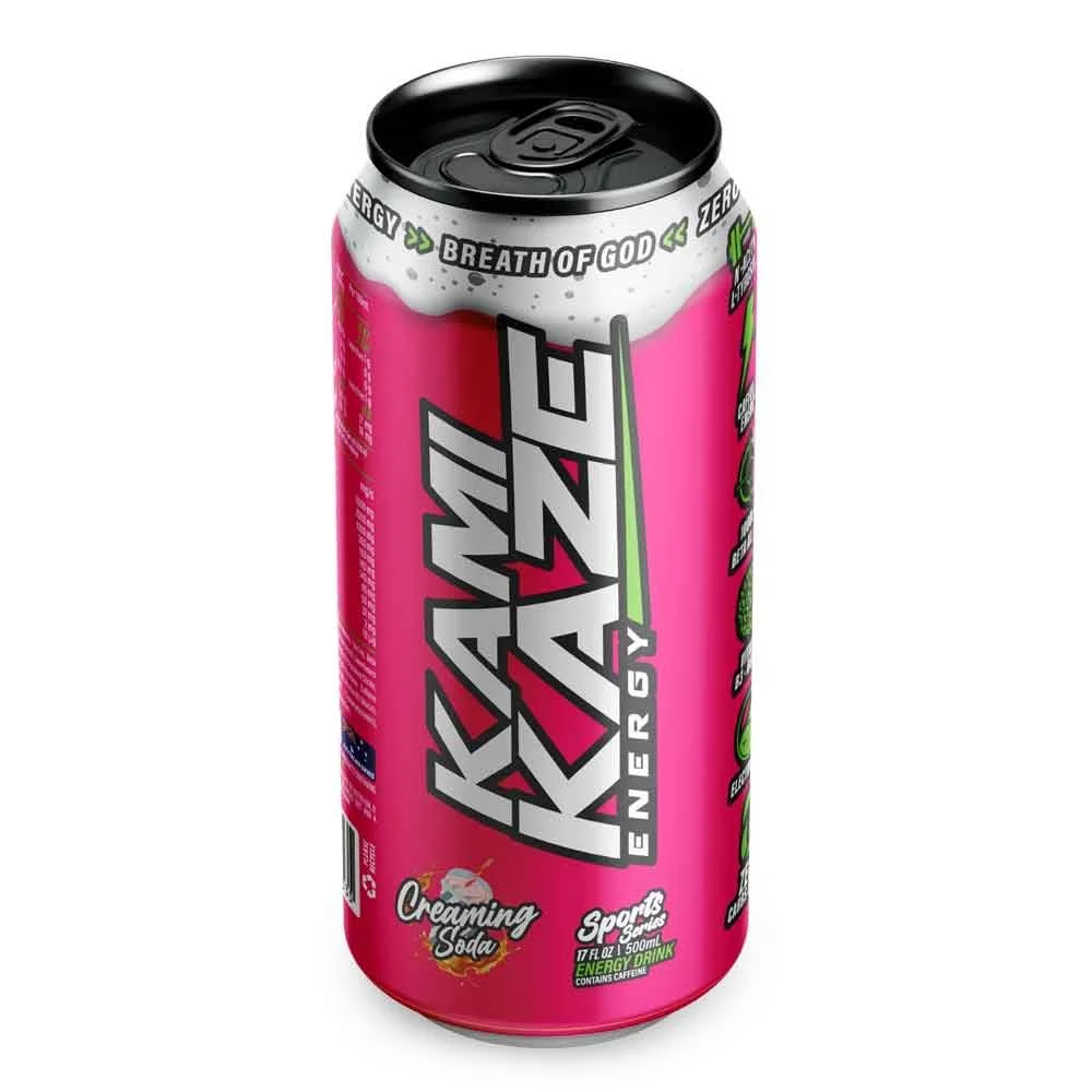 A pink can of KANEKA ENERGY Creaming Soda sports energy drink with a black pull-tab can top.