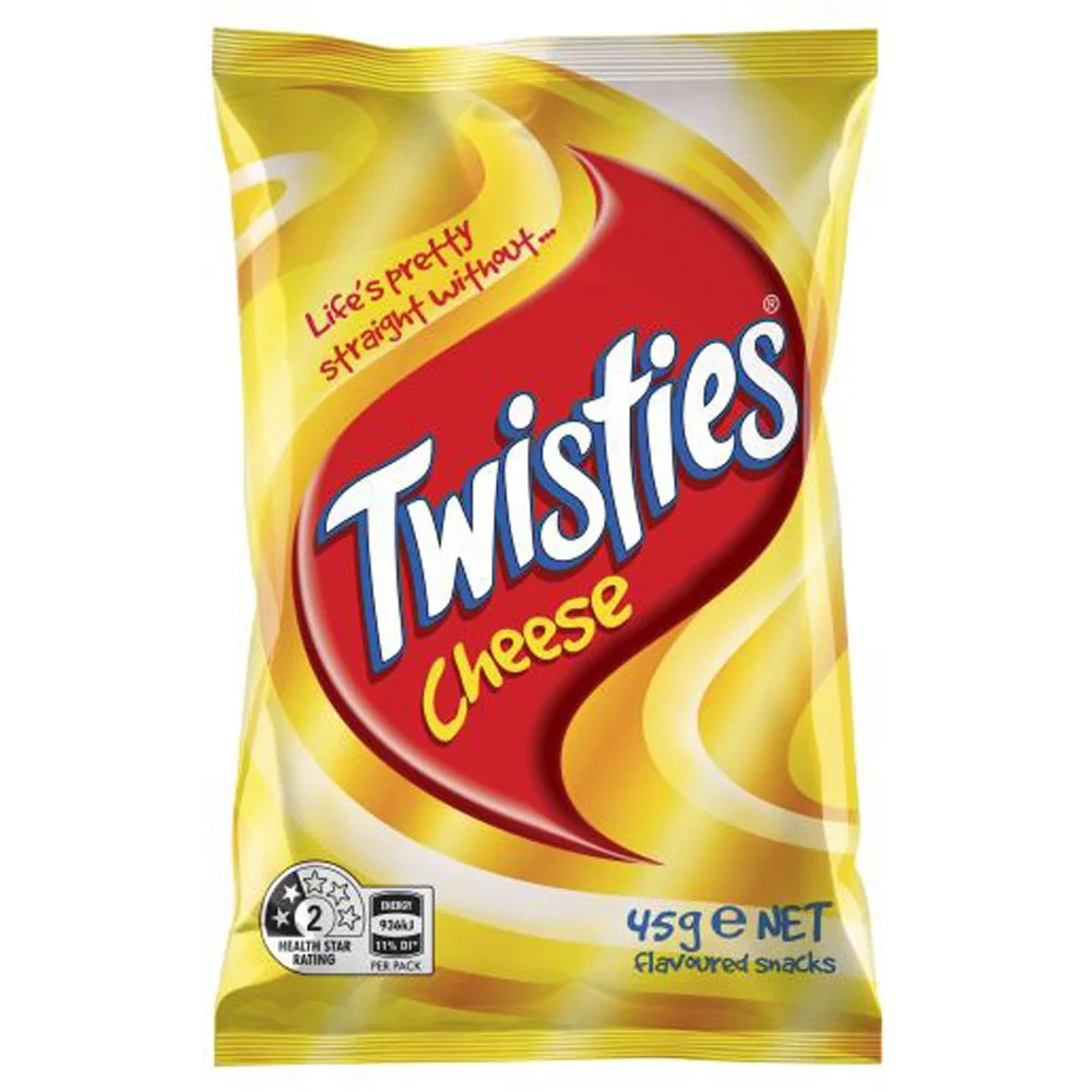 A bag of Twisties Cheese flavored snacks with yellow and red packaging.