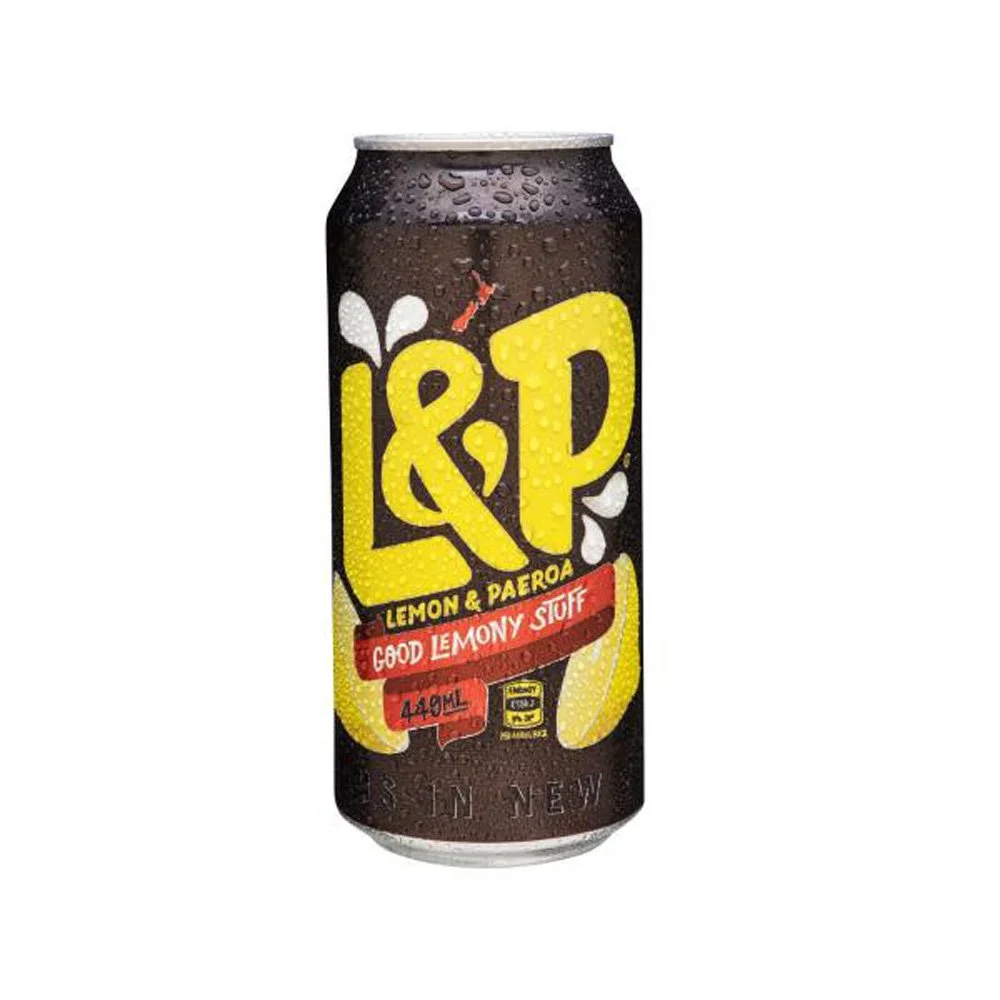 A can of L&P Lemon and Paeroa soda with a black background, condensation droplets, and a yellow lemon illustration on the label.