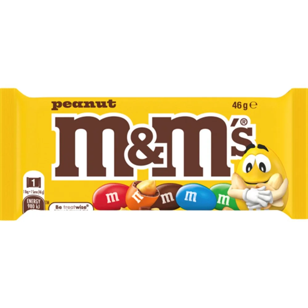 Yellow packaging of peanut M&M's candy with the red, orange, blue, and green M&M character mascots.