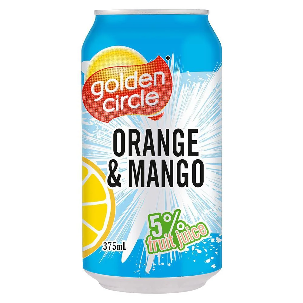 A can of Golden Circle orange and mango fruit juice with 5% fruit juice content, 375 ml.
