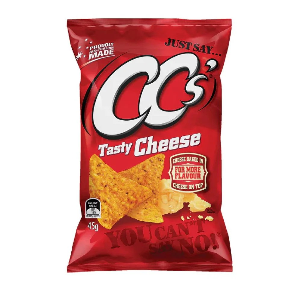 Red bag of C's Tasty Cheese flavored snack chips with cheese illustration and cheese crackers on the front.