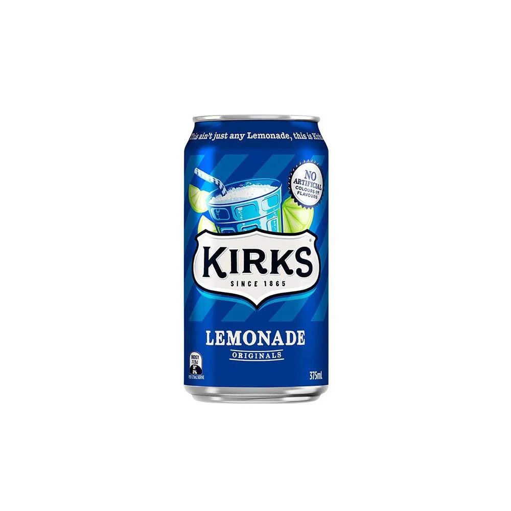 Can of Kirks Lemonade, original flavor, 375ml, with a blue design and illustration of a lemonade glass with a straw and lime slices.