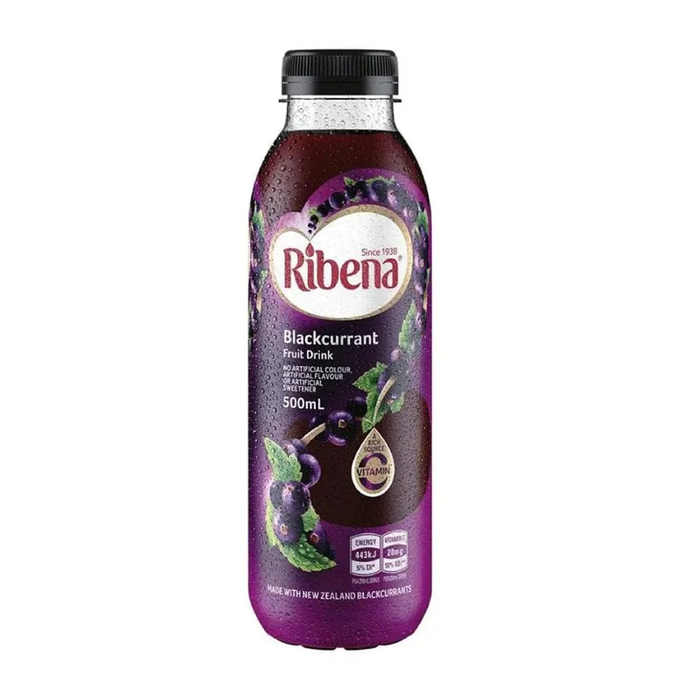 A bottle of Ribena blackcurrant fruit drink with a black cap, labeled as made with New Zealand blackcurrants, featuring images of blackcurrants and green leaves.