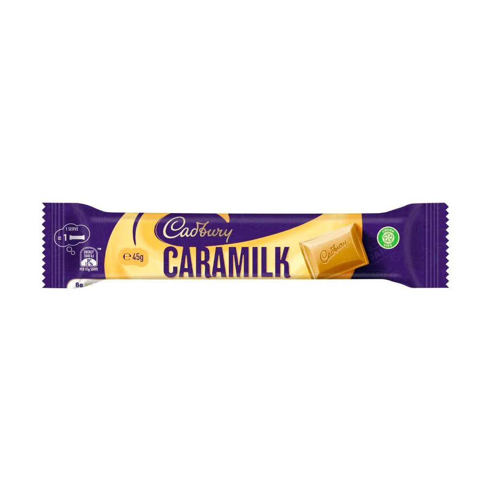 Cadbury caramel milk chocolate bar in purple and yellow packaging.