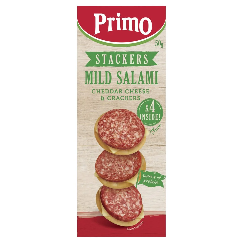 Packaging for Primo Stackers Mild Salami with Cheddar Cheese and Crackers. The package contains four salami slices layered with cheddar cheese on crackers, with branding, product information, and a serving suggestion.