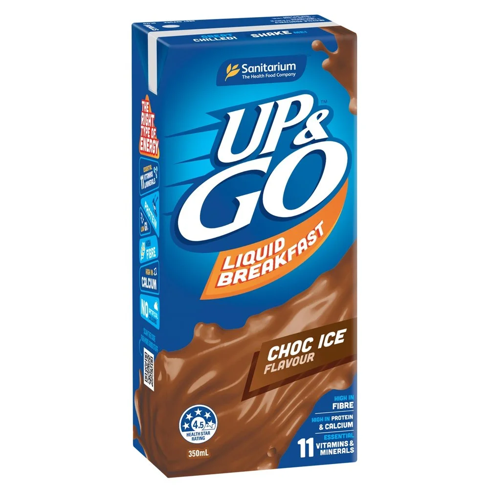 A 350ml carton of UP&GO Liquid Breakfast in Choc Ice flavor, with a blue background and chocolate swirl design, featuring branding, product details, and nutritional information on the packaging.