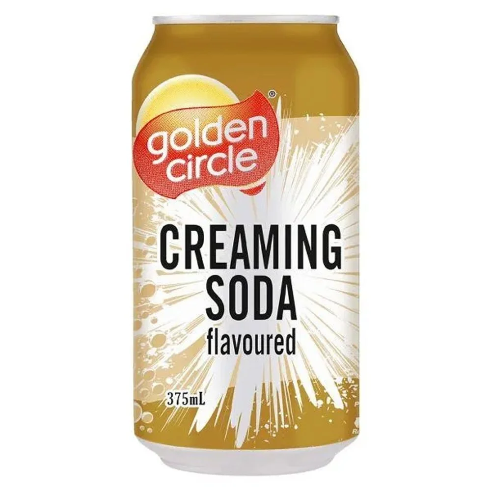 A 375mL can of Golden Circle creaming soda flavored beverage with a golden background and a splash design.