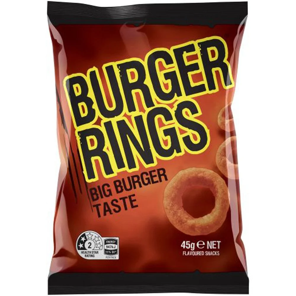 A bag of burger rings snack with a red and black design. The text reads "Burger Rings" and "Big Burger Taste," with an image of a fried onion ring and information about weight and nutritional value.
