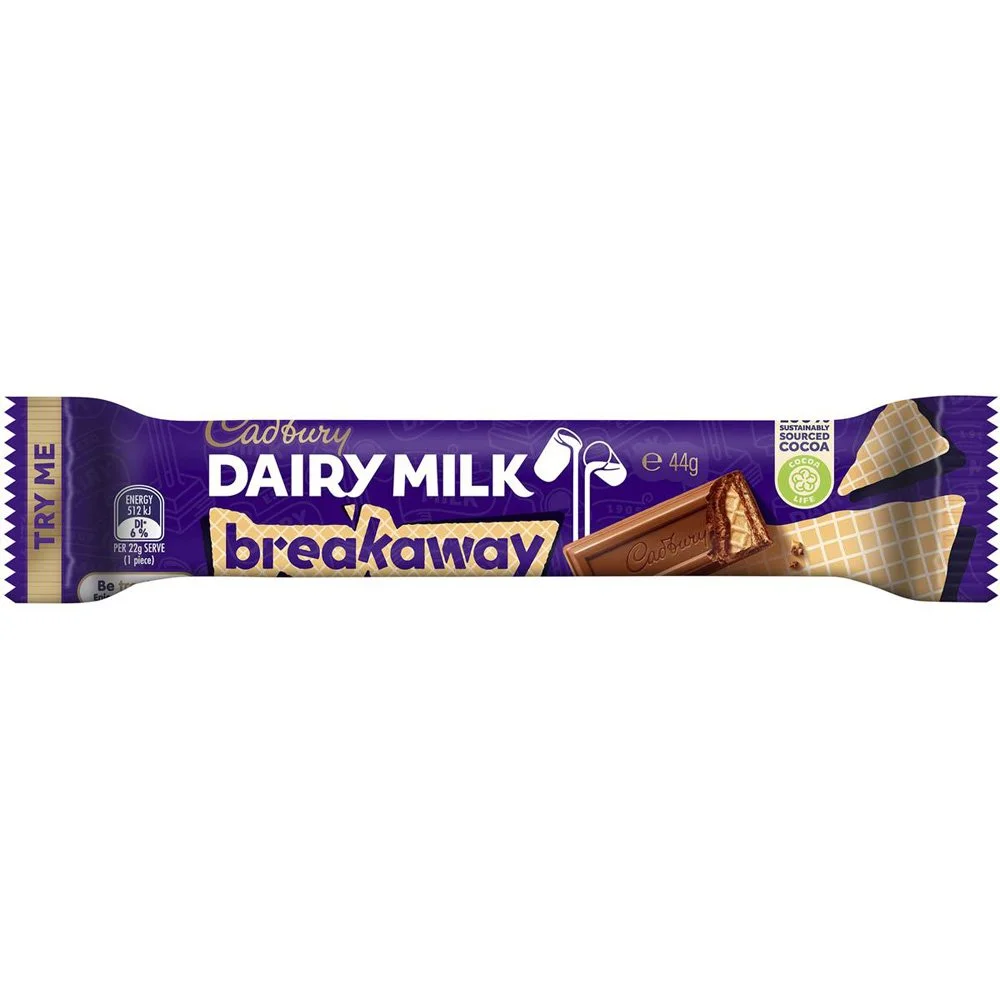 Cadbury Dairy Milk Breakaway chocolate bar package with a chocolate piece and ice cream cone illustrations.