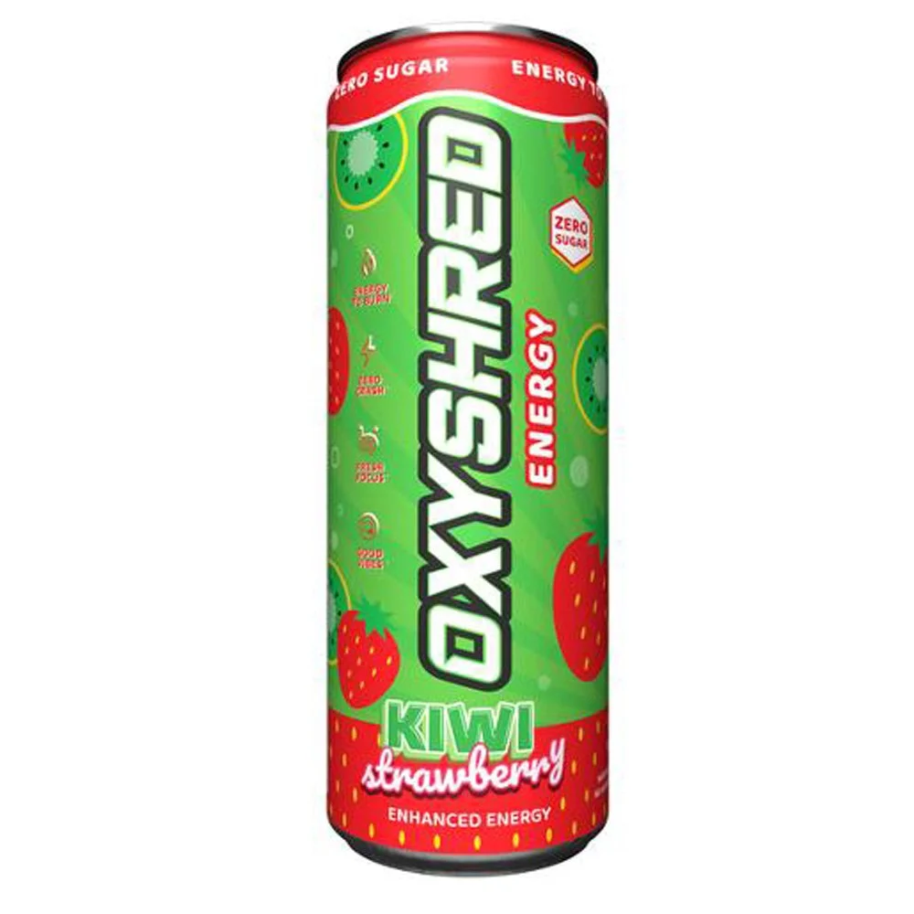A tall can of ODYSHIELD KIWI strawberry flavored energy drink with zero sugar, featuring a green background with strawberries and kiwis, and red accents at the top and bottom.