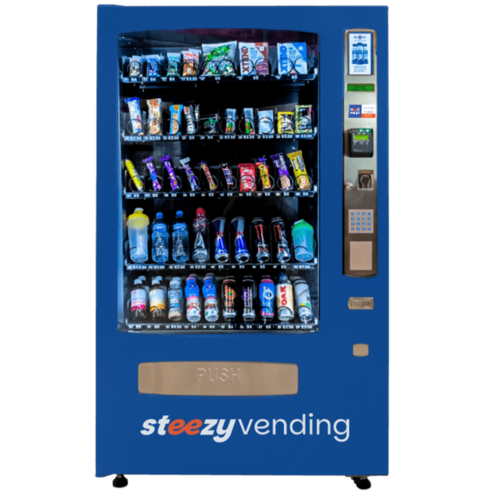 A vending machine with various snacks and drinks, branded 'Steezy Vending', set against a white background.