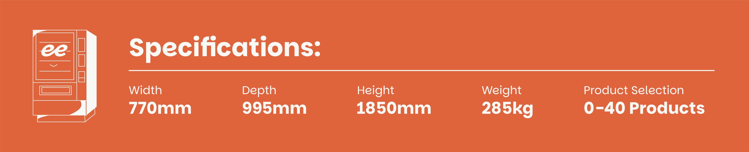 An infographic showing technical specifications for a vending machine, including dimensions, weight, and product capacity, on an orange background.