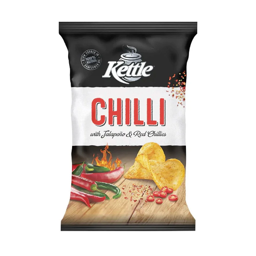 Kettle brand spicy chili potato chips with jalapeño and red chilies on the bag.