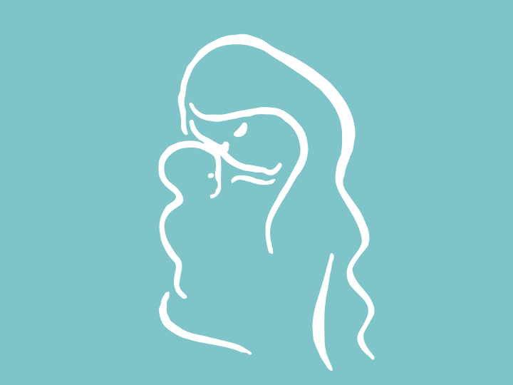 White line drawing of a woman holding a baby on a turquoise background.