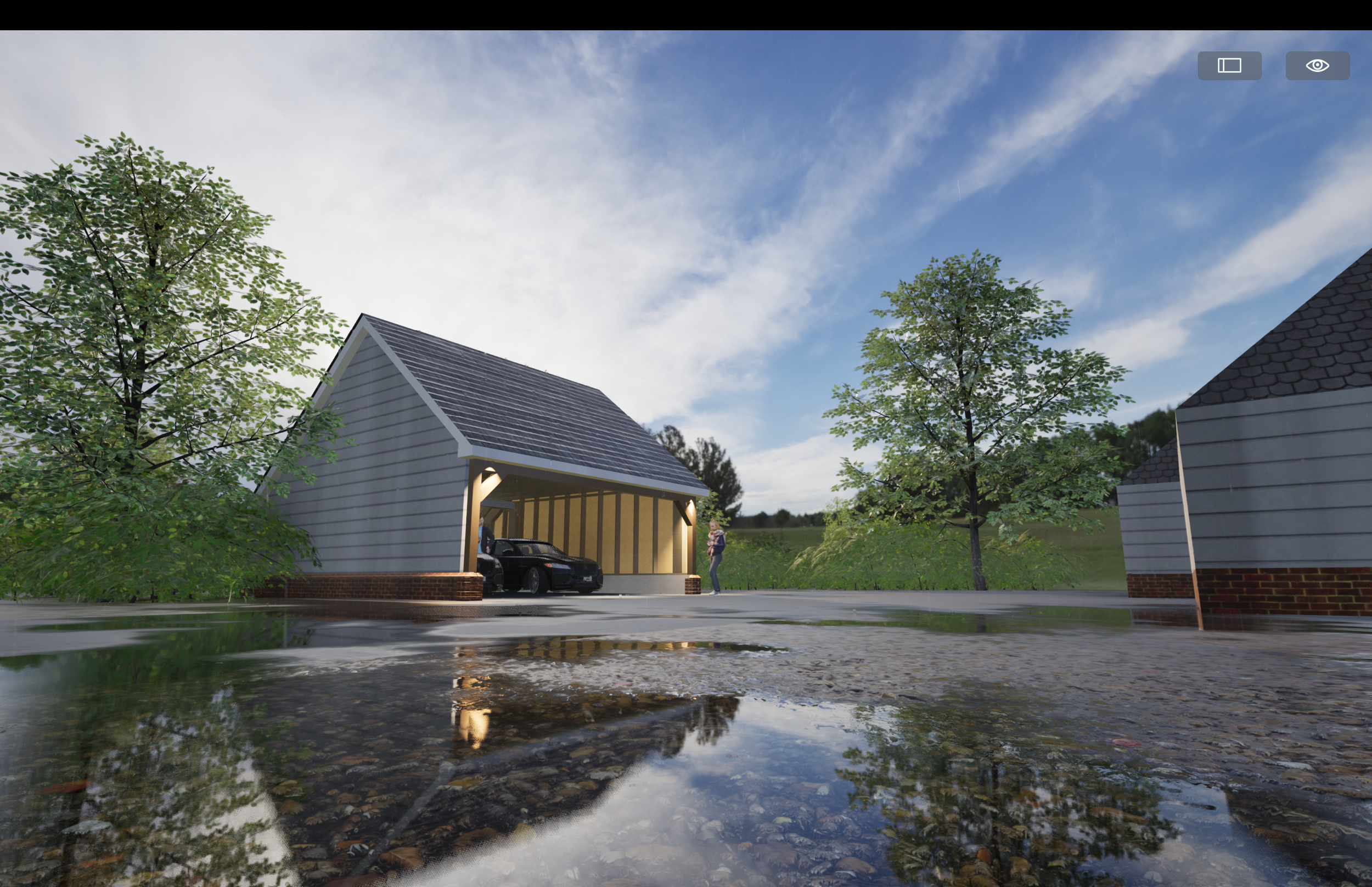 3D render of a timber-framed carport design, shown to the client before building