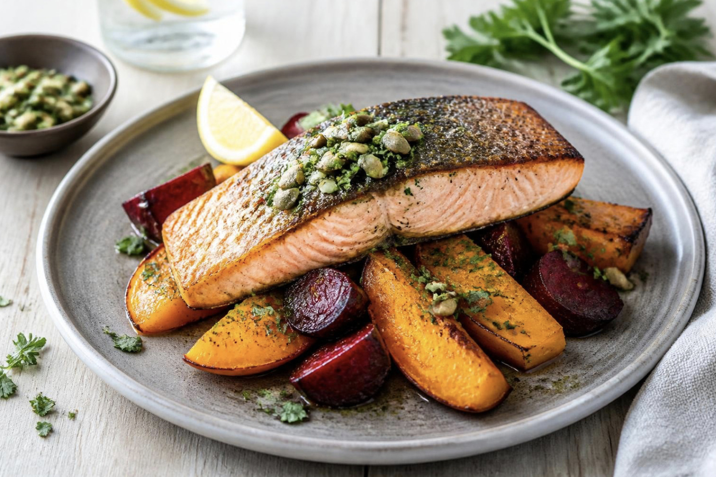 One Tray Salmon with Roasted Squash, Beetroot and Pumpkin Seed gremolata