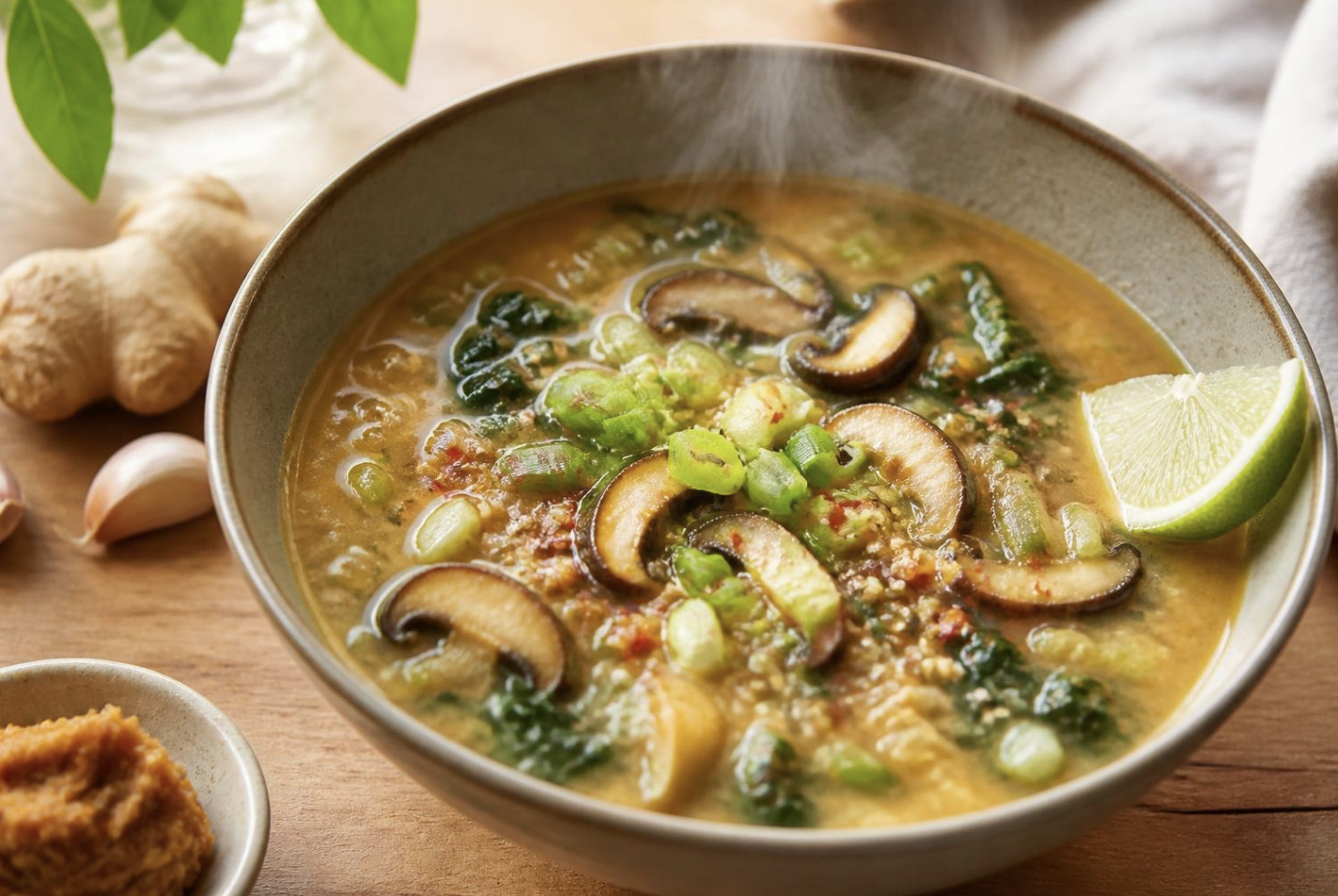 Miso, Mushroom and Red Lentil Soup with Ginger and Garlic 