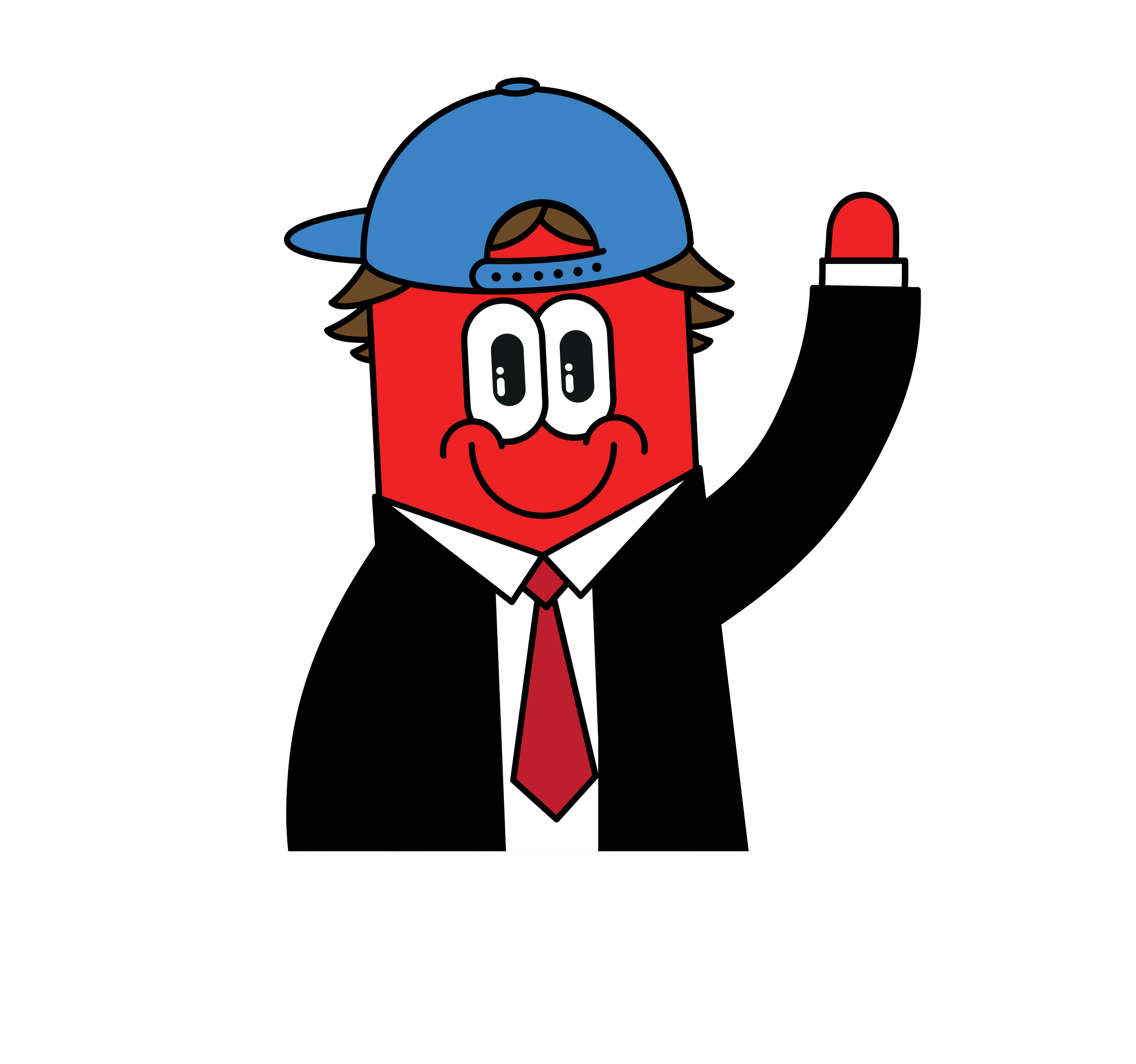 Een cartoonfiguur met een rood gezicht, gekleed in een zwart pak met een witte blouse en een rode stropdas, draagt een blauwe pet achterover en zwaait met één hand.