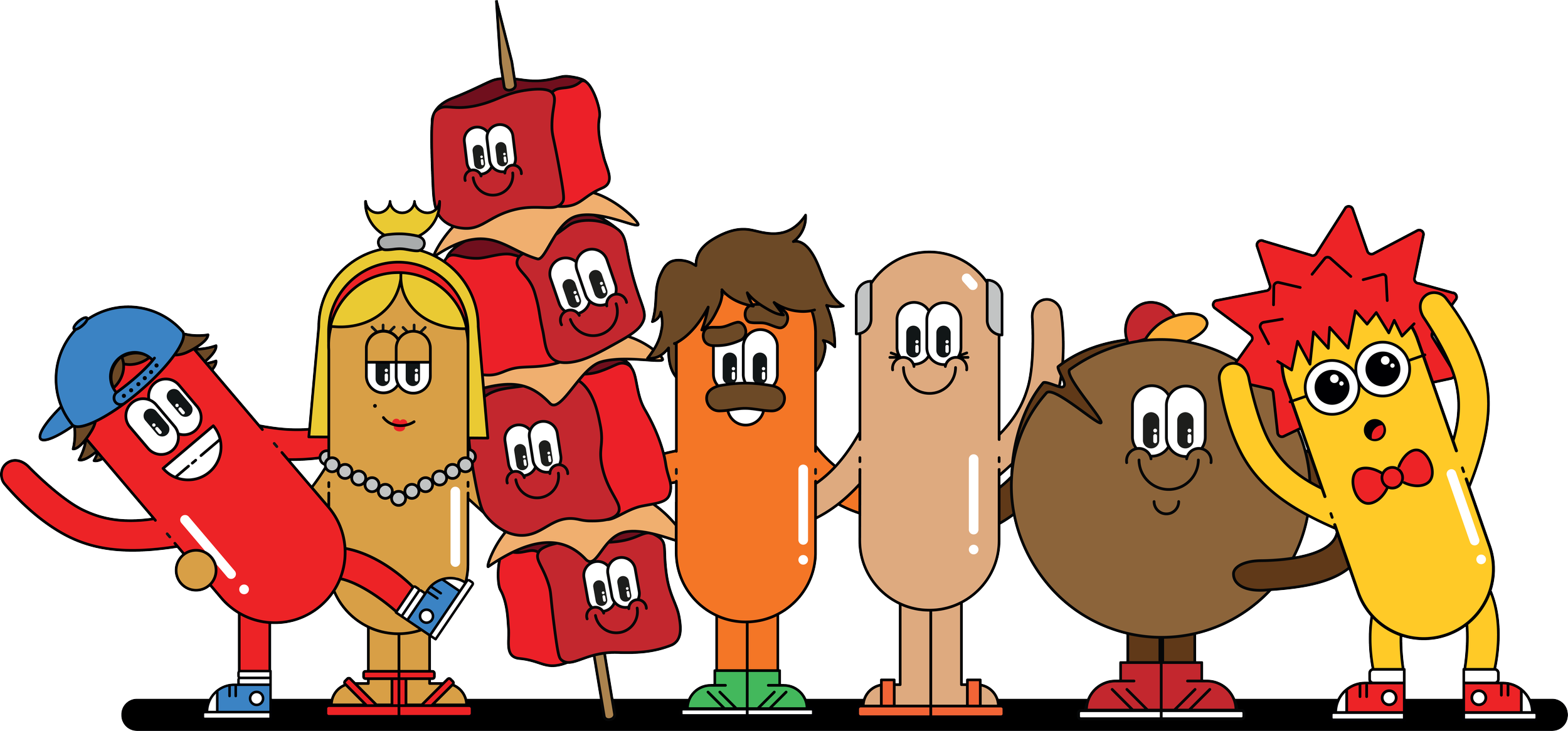 Cartoonfiguren van verschillende voedingsmiddelen met gezichten, armen en benen, waaronder een worst, kaas, tomatensaus, een wijnfles, een paddenstoel, een rundvleesstuk, een ui en een paprikavorm met bril en kapsel, allemaal vrolijk en samen.