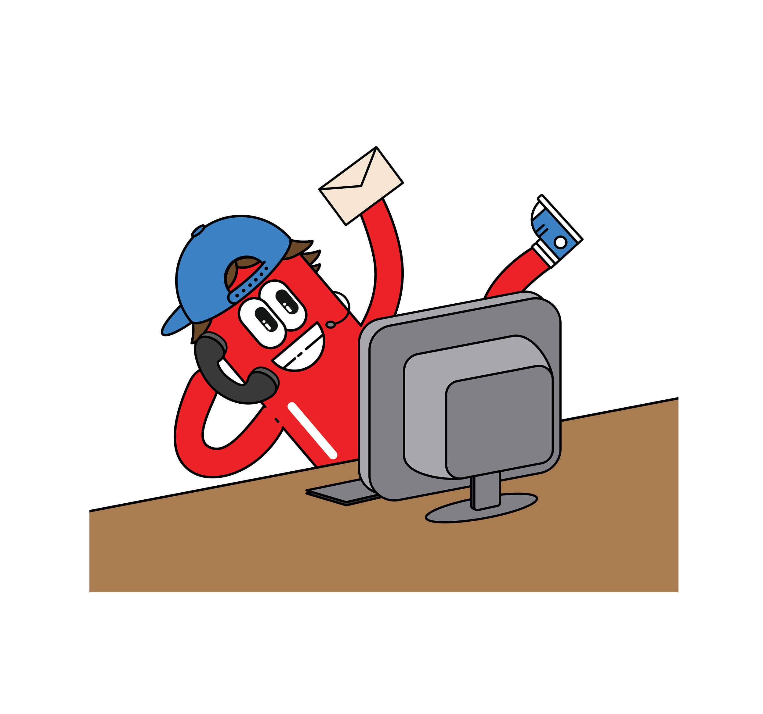 Een cartoon van een vrolijk persoon met een blauwe pet, een rood shirt, die aan de telefoon hangt, een briefvaste envelop vasthoudt en achter een computer zit.
