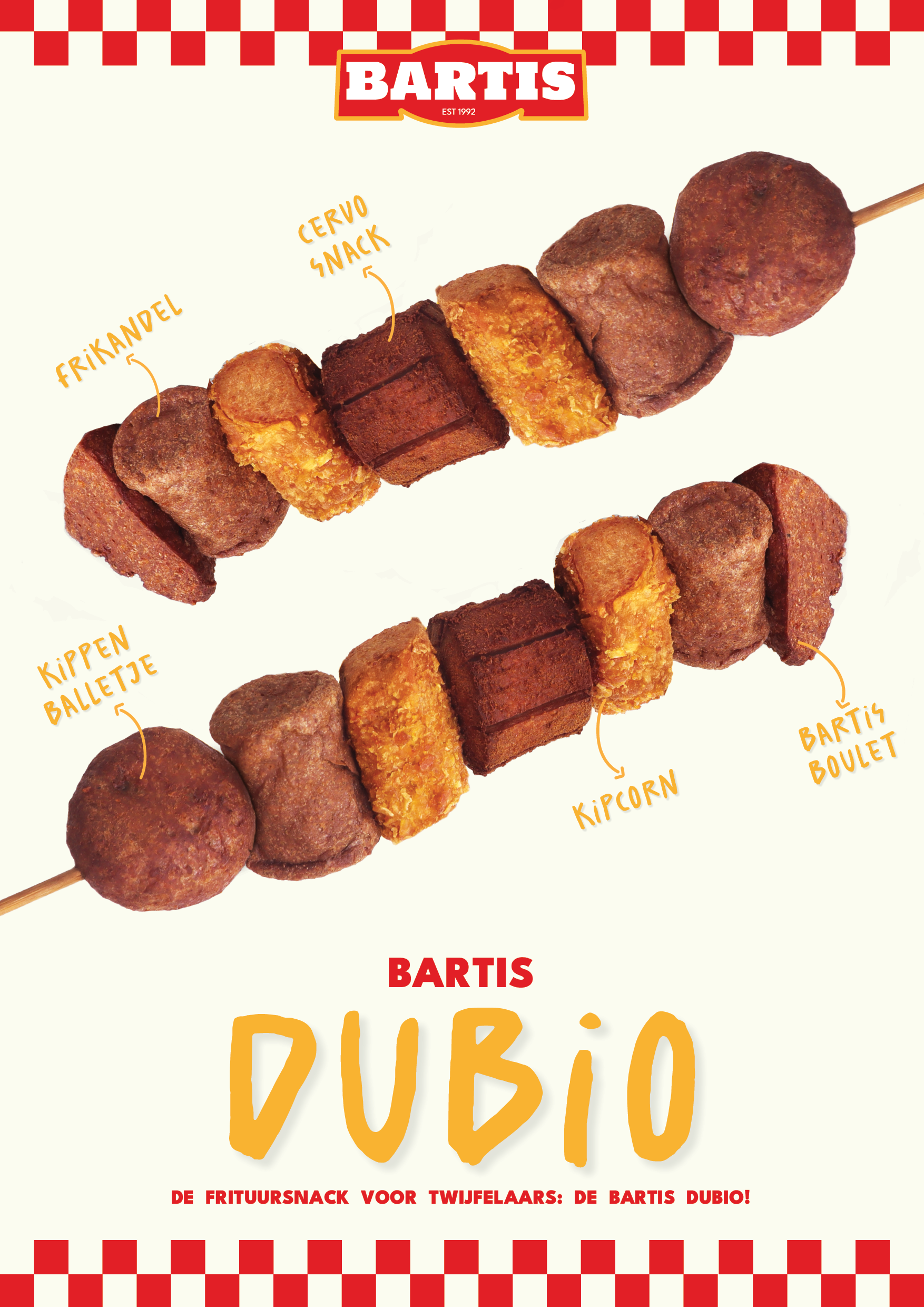 Illustratie van een spies met verschillende snacks, elk gelabeld in het Nederlands. Snacks zoals friandel, ceruvo snack, kippen balletje, kipcorn, bartits boulet.