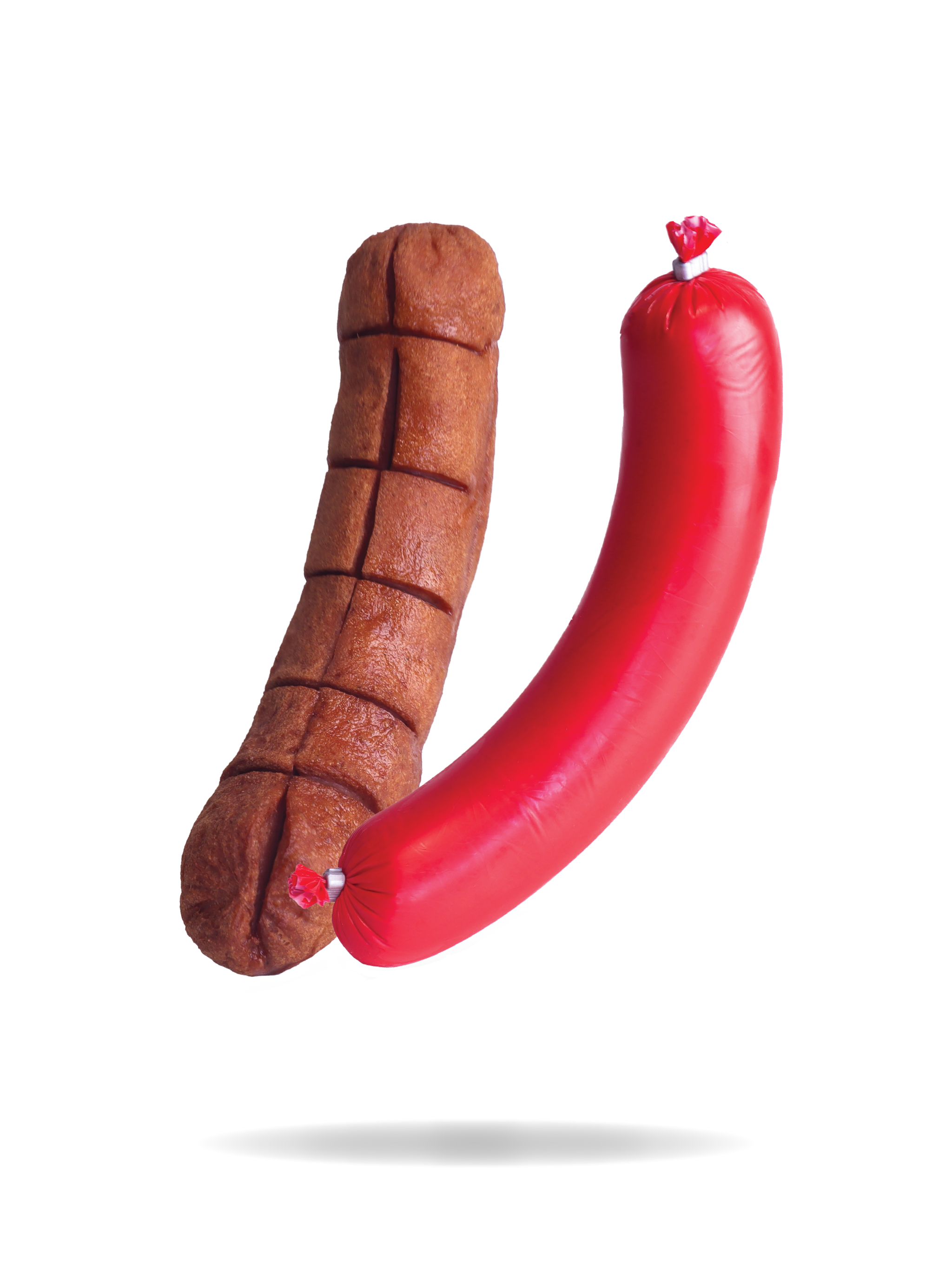 Een rottweilerworst en een gekochte hotdogworst naast elkaar.