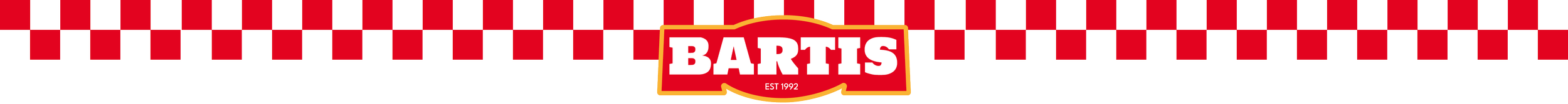 Bartik logo met rode achtergrond en witte tekst, ook met de tekst 'EST 1992' onder de naam.
