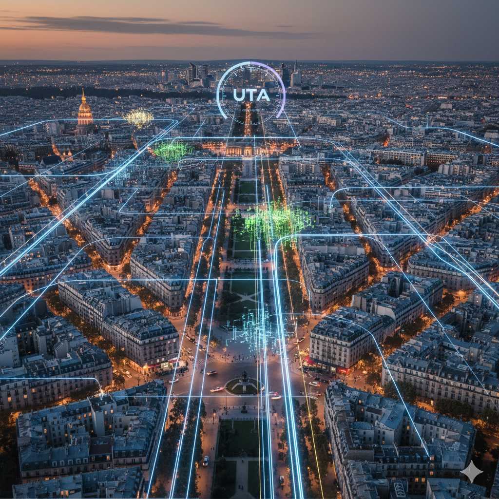 Une vue aérienne de Paris au crépuscule avec des lignes lumineuses numériques simulant une connectivité ou une transmission de données à travers la ville, notamment autour de la Tour Eiffel et du quartier de la Défense. Un cercle avec le texte 'UTA' est également visible.