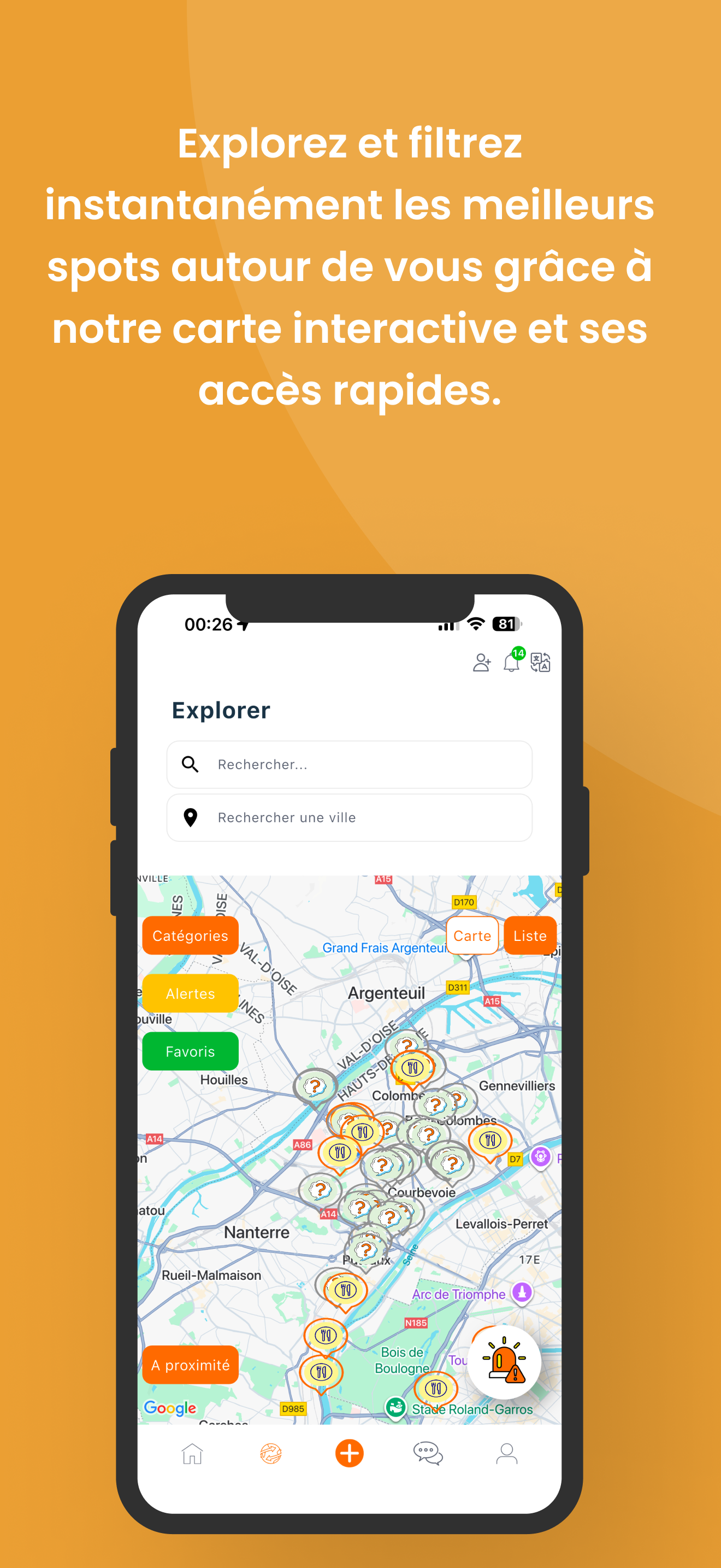 Capture d'écran d'une application de carte interactive montrant des emplacements de restaurants à Argenteuil, avec un fond orange et du texte en français.