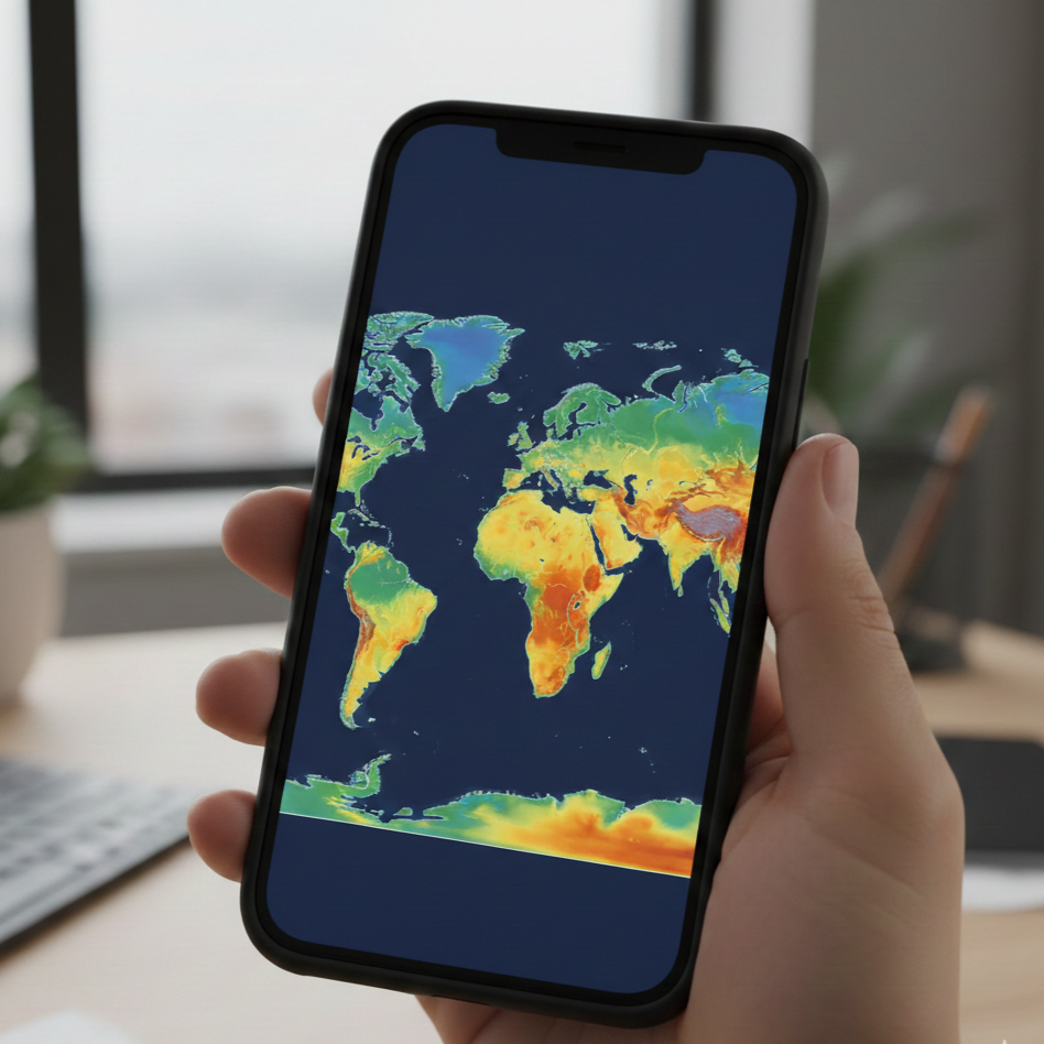 Carte climatique du monde affichée sur un smartphone, montrant les températures globales.